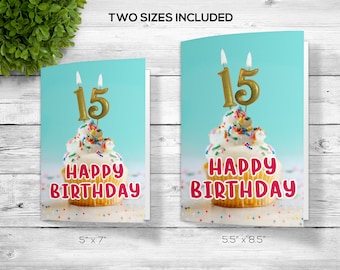 Saudação de 15º aniversário personalizada para impressão, Cartões de felicitações de 15º aniversário para download, Cartões de felicitações de 15º aniversário para impressão