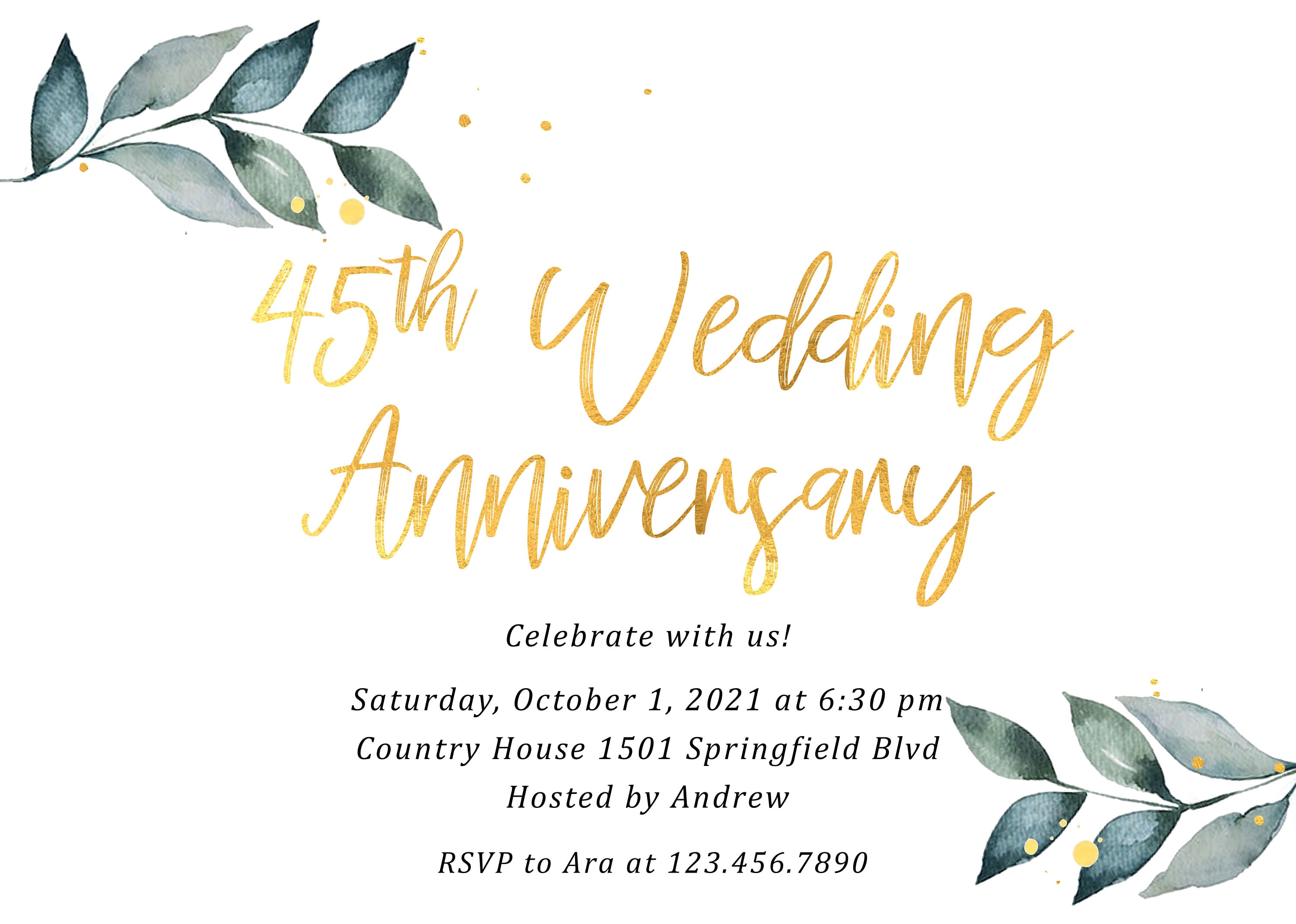 Custom Printable 45th Wedding Anniversary Invitation, Downloadable 45th