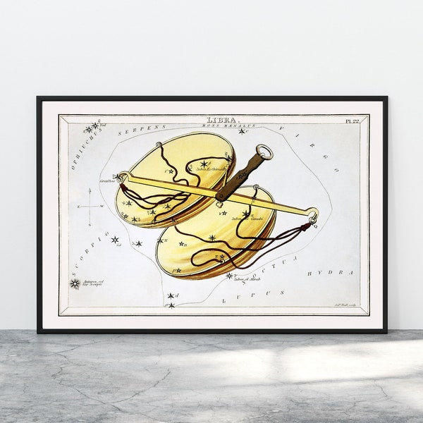 Libra Star Chart, Astrology Print, Zodiac Gifts, Balance Scales, October Birthdays, Air Signs, Vintage Art Print, Sidney Hall, Constellation