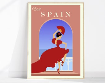 Visit Spain Fine Art Giclee Print, Vintage Spain Travel Poster, Red Decor