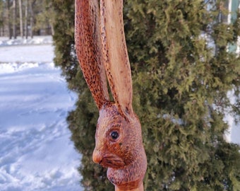 Bunny Stick, Hand Carved Walking Stick, Hiking Stick, Unique Gift Idea, Mobile Art, Made in Wisconsin, One of a kind!