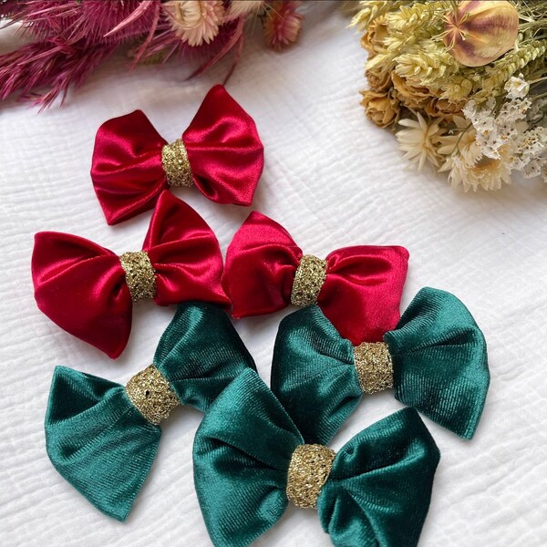 Barrette noeud cheveux en velours rouge, vert émeraude, cadeau idéal, Coiffures et accessoires cheveux doré, attaches, pinces