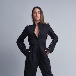 Black handmade button down long sleeve | Linen Jumpsuit with pockets | Linen overalls | Utility | Military | Button up | Uniform | Jumpsuit