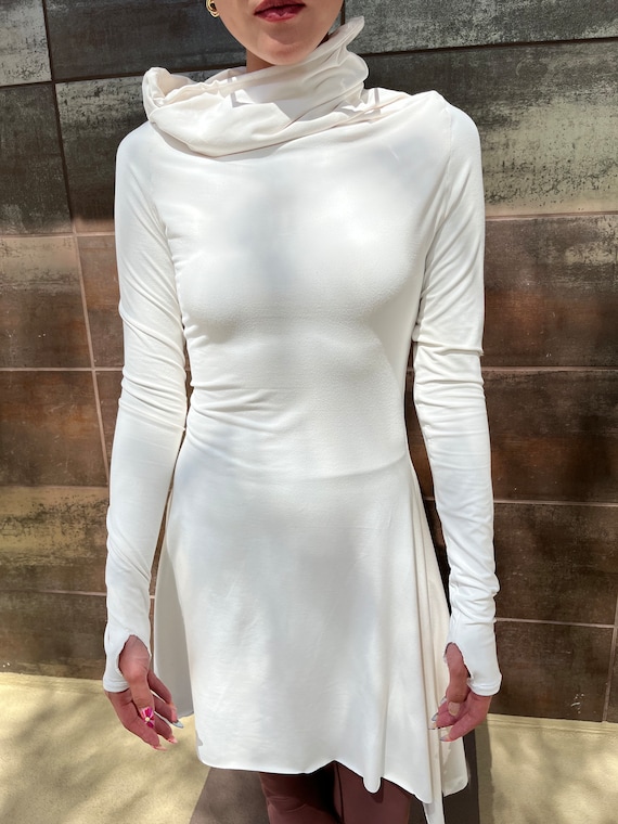 White Dress| White Mini Dress| White Long Sleeve Dress With Thumb Hole|  Casual Dress | White Knit Dress - Etsy