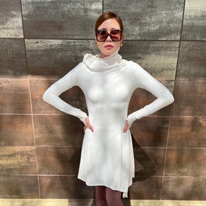 White Dress| White Mini Dress| White Long Sleeve Dress with Thumb Hole| Casual Dress | White Knit Dress