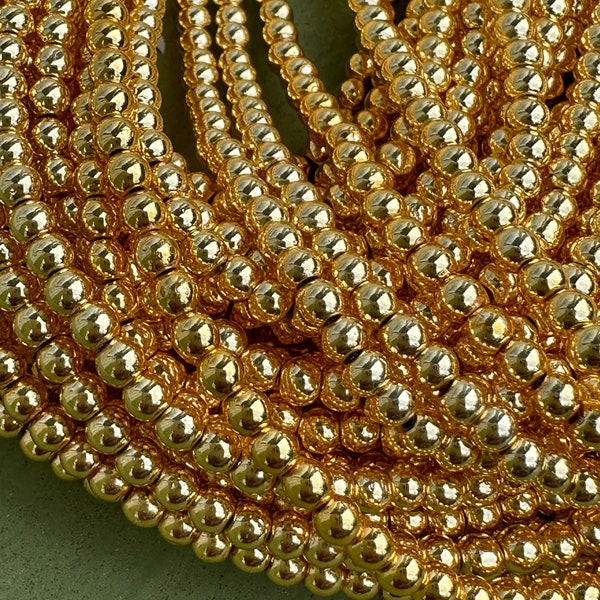 158 Perlen echter Hämatit Gold F. Strang galvaniziert 3 mm 42CM #h456