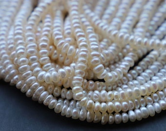 Strand of freshwater pearl rondelles, button shape, 5 x 3 mm, white cultured pearls #s206 NEW !!