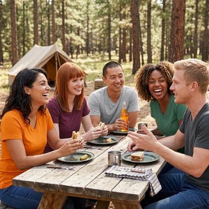 May include: Five individuals sit at a wooden picnic table, wearing v-neck t-shirts in orange, maroon, light gray, green, and dark gray. They are eating sandwiches from gray plates, with a glass bottle and a metal cup on the table surface.