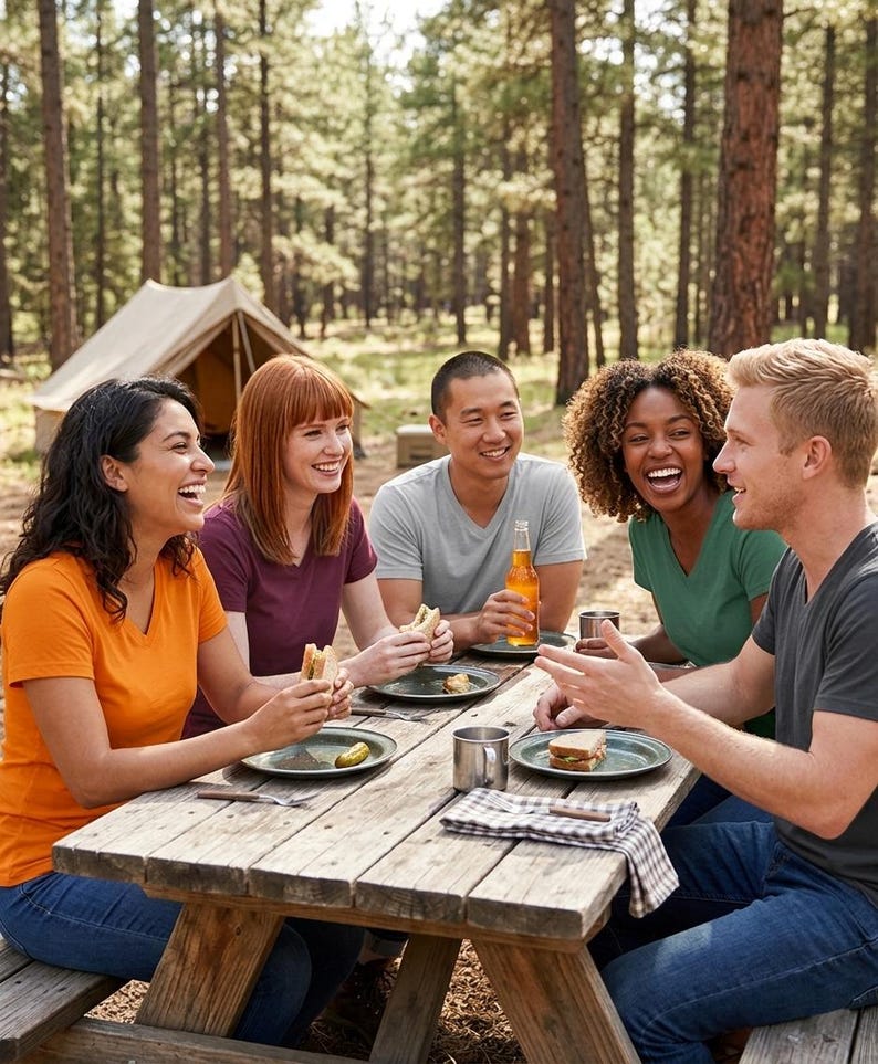 May include: Five individuals sit at a wooden picnic table, wearing v-neck t-shirts in orange, maroon, light gray, green, and dark gray. They are eating sandwiches from gray plates, with a glass bottle and a metal cup on the table surface.