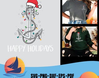 Weihnachtsanker im maritimen Stil (SVG, PNG, DTG) | Weihnachtsmannmütze mit Lichterkette – Design für Shirts & Bastelarbeiten | Weihnachtliches PNG, maritimes Weihnachtsmotiv, digitaler Download