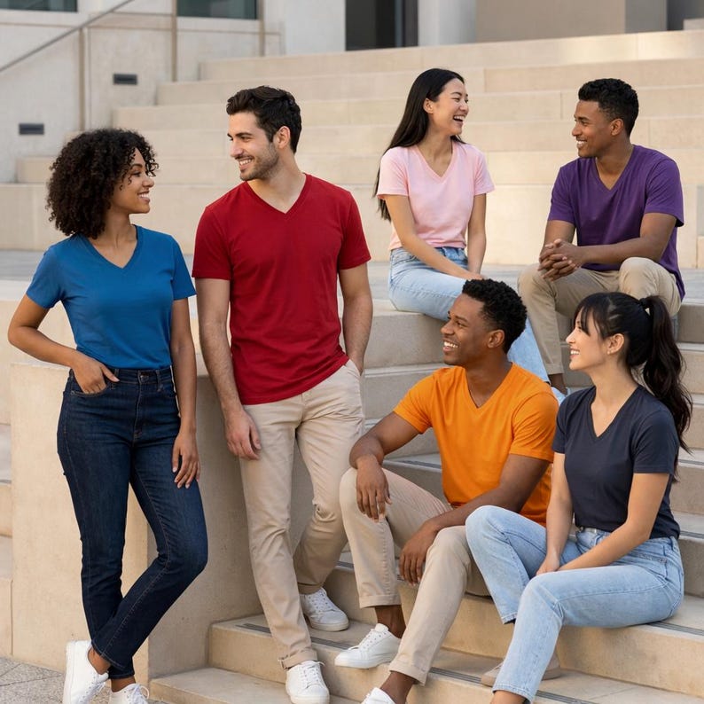 May include: A group of six individuals wearing solid-colored v-neck t-shirts in blue, red, light pink, purple, orange, and dark gray, paired with blue jeans or beige trousers, sitting and standing on a set of wide concrete outdoor stairs.
