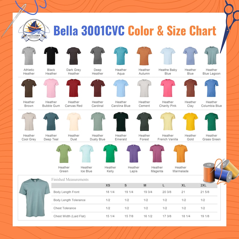 K&ouml;nnte beinhalten: Eine Bella 3001CVC Farb- und Gr&ouml;&szlig;entabelle mit verschiedenen T-Shirt-Farben wie Athletic Heather, Black und anderen. Eine Tabelle listet die Ma&szlig;e in Zoll f&uuml;r die Gr&ouml;&szlig;en XS bis 2XL auf, einschlie&szlig;lich K&ouml;rperl&auml;nge und Brustbreite.