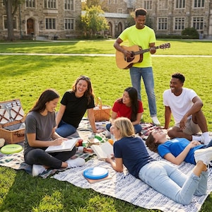 K&ouml;nnte beinhalten: Eine Gruppe von sieben Personen versammelt sich auf einer Picknickdecke auf einer Rasenfl&auml;che. Eine Person spielt eine helle Akustikgitarre, w&auml;hrend andere sitzen, in ein Notizbuch schreiben, B&uuml;cher lesen und sich unterhalten. Ein Weidenkorb steht daneben.