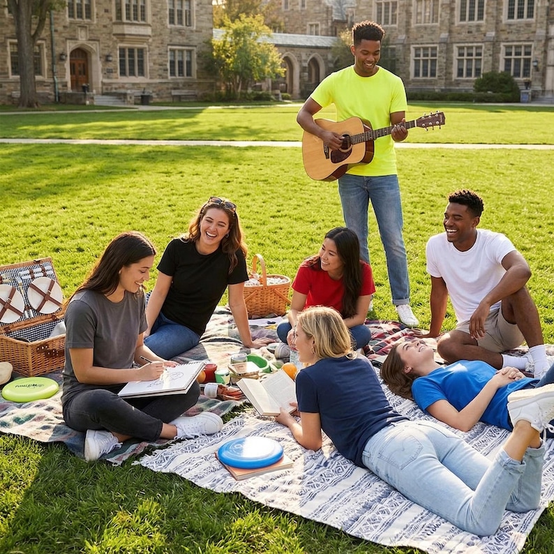 K&ouml;nnte beinhalten: Eine Gruppe von sieben Personen versammelt sich auf einer Picknickdecke auf einer Rasenfl&auml;che. Eine Person spielt eine helle Akustikgitarre, w&auml;hrend andere sitzen, in ein Notizbuch schreiben, B&uuml;cher lesen und sich unterhalten. Ein Weidenkorb steht daneben.