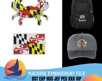 Maryland Flagge und Krabben Stickmotive | Sofortiger Download (mehrere Größen)