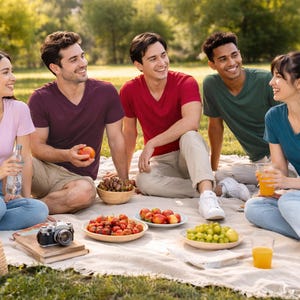 May include: Five individuals sitting on a blanket outdoors, wearing v-neck t-shirts in light pink, dark purple, red, dark green, and teal. They are accompanied by light blue jeans, beige trousers, a wicker basket, a camera, and bowls of fruit.