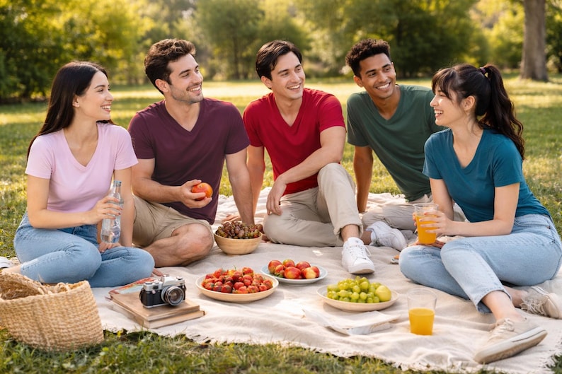 May include: Five individuals sitting on a blanket outdoors, wearing v-neck t-shirts in light pink, dark purple, red, dark green, and teal. They are accompanied by light blue jeans, beige trousers, a wicker basket, a camera, and bowls of fruit.