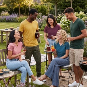 May include: A group of five individuals wearing short-sleeved V-neck t-shirts in various solid colors including mustard yellow, burgundy, dark green, light pink, and teal, paired with casual bottoms like jeans, cargo shorts, and wide-leg trousers.