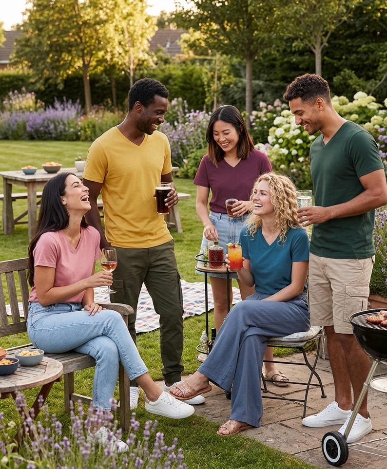 May include: A group of five individuals wearing short-sleeved V-neck t-shirts in various solid colors including mustard yellow, burgundy, dark green, light pink, and teal, paired with casual bottoms like jeans, cargo shorts, and wide-leg trousers.