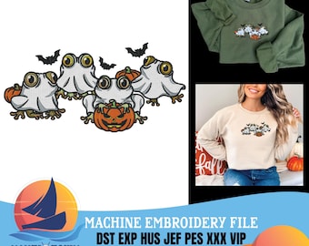 Spooky Halloween Ghost Frog Embroidery Digital Download, Cute Ghost Pumpkin Design for Sweatshirts, Instant DST PES JEF Exp Hus Files