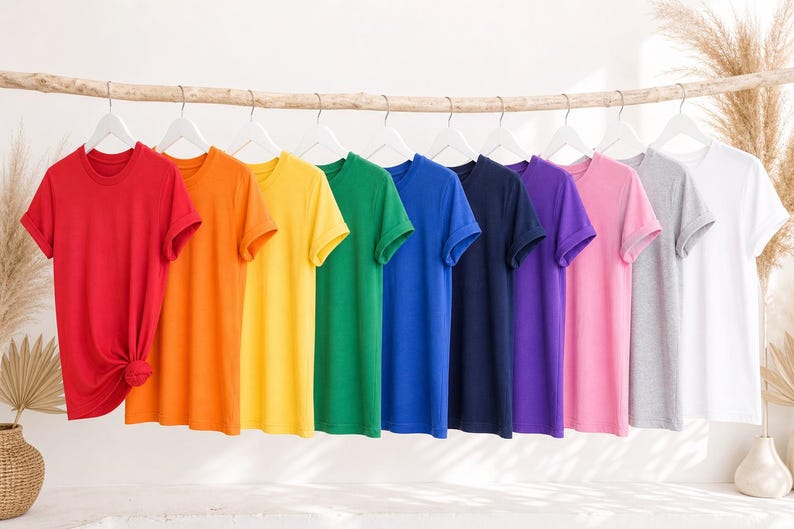 K&ouml;nnte beinhalten: Eine Kollektion von zehn kurz&auml;rmeligen T-Shirts mit Rundhalsausschnitt, die auf wei&szlig;en Kleiderb&uuml;geln in einer Reihe h&auml;ngen. Die T-Shirts sind in einem Farbspektrum aus Rot, Orange, Gelb, Gr&uuml;n, Blau, Dunkelblau, Lila, Pink, Grau und Wei&szlig; angeordnet.