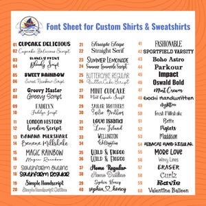 May include: A white font sheet for custom shirts and sweatshirts featuring a Nauti-Town logo and sixty numbered typography options in various styles, including block, script, and handwritten fonts, displayed in three columns on a white background.