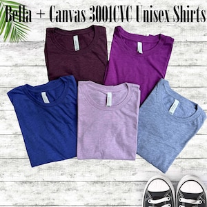 Bella Canvas 3001 Heathered Tshirts in various colors.