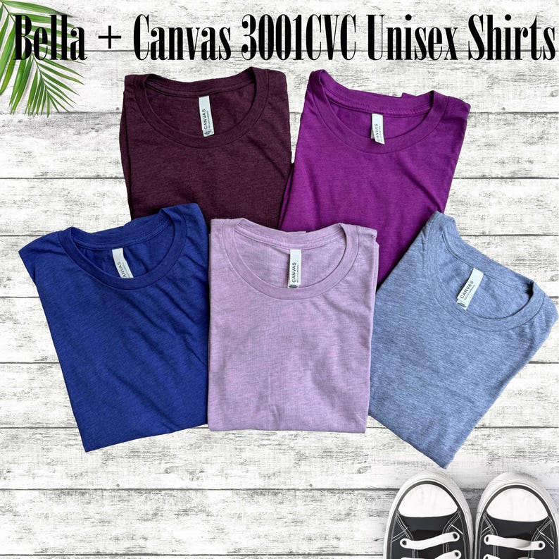 Bella Canvas 3001 Heathered Tshirts in various colors.
