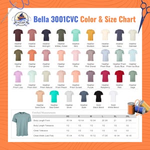 K&ouml;nnte beinhalten: Eine Bella 3001CVC Farb- und Gr&ouml;&szlig;entabelle mit einem Raster aus T-Shirt-Symbolen in verschiedenen melierten und einfarbigen T&ouml;nen mit Beschriftungen. Darunter befindet sich eine Tabelle mit Fertigma&szlig;en in Zoll f&uuml;r die Gr&ouml;&szlig;en XS bis 2XL.