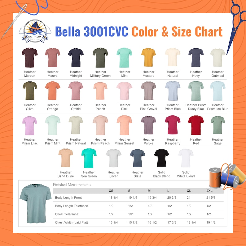 K&ouml;nnte beinhalten: Eine Bella 3001CVC Farb- und Gr&ouml;&szlig;entabelle mit einem Raster aus T-Shirt-Symbolen in verschiedenen melierten und einfarbigen T&ouml;nen mit Beschriftungen. Darunter befindet sich eine Tabelle mit Fertigma&szlig;en in Zoll f&uuml;r die Gr&ouml;&szlig;en XS bis 2XL.