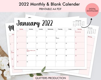 2022 Blank Monthly Calendar Digital Download, 12 Month Calendar, A4 Size