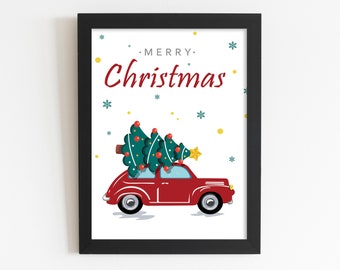 Christmas Car Printable Wall Art, Christmas decorations, Christmas PRINTABLE art, Xmas Tree on truck, Vintage Christmas, Holiday Wall Art.