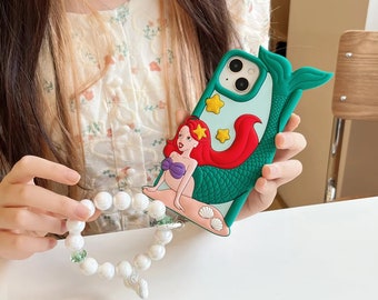 Disney Little Mermaid Princess Arie 3D Phone Case With Pendent for iPhone 15 pro ma