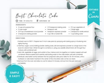 Minimal Recipe Card Template: Printable Canva Design (Multiple Sizes)