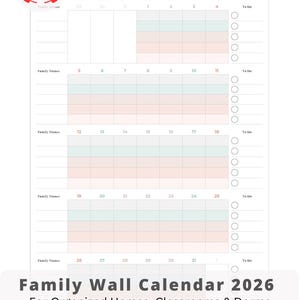 Könnte beinhalten: Wandkalender für 2026 mit monatlichem Layout, Platz für Familiennamen und To-Do-Listen. Der Kalender ist für organisierte Haushalte, Klassenzimmer und Wohnheime konzipiert. Größe: 28 x 42 cm. Text: "Family Wall Calendar 2026".