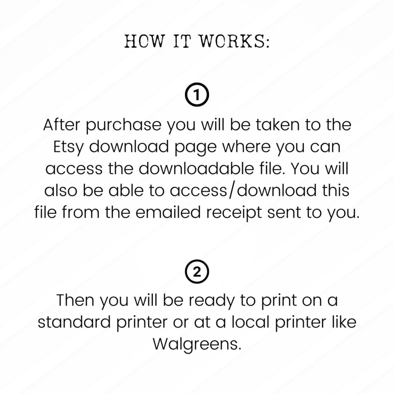 May include: White background with black text that reads "HOW IT WORKS:" followed by numbered steps. Step 1 explains how to access a downloadable file after purchase. Step 2 advises printing on a standard or local printer.