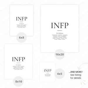 May include: White INFP personality type art prints in various sizes, including 6x8, 8x10, 16x20, and 4x5 inches. Each print features the text "INFP" and a list of associated traits such as "Independent," "Idealistic," and "Creative."