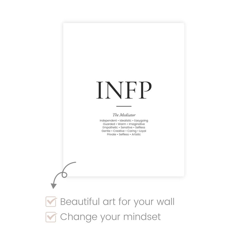 May include: A white print featuring the letters "INFP" in a bold, black serif font, with the words "The Mediator" below. A list of personality traits is beneath that. The text "Beautiful art for your wall" and "Change your mindset" are also included.