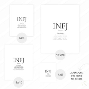 May include: Printable digital download of an INFJ personality type description. The description includes the personality type, "The Advocate", and a list of traits. The image shows four different sizes: 6x8 inches, 8x10 inches, 16x20 inches, and 4x5 inches. The text "...AND MORE! See listing for details" is also included.