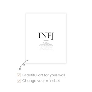 May include: A black and white printable poster with the text "INFJ The Advocate" and a list of personality traits associated with the INFJ personality type.