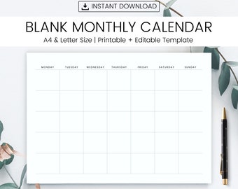 Blank Calendar Printable Page Ready to Print Calendar DIY - Etsy