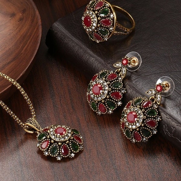 Hot Ethnic Bride Crystal Flower Earring Ring Jewelry Sets Fashion Antique Gold Necklace For Women Boho Jewelry Wholesale