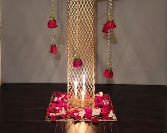 Metal Mesh Gold Display Pedestal Flower Stand Riser Column Pillar Centerpiece