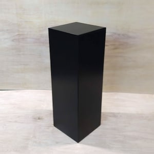 May include: A black square pedestal, standing on a light wood surface. The pedestal is tall and narrow, with a smooth, matte finish.