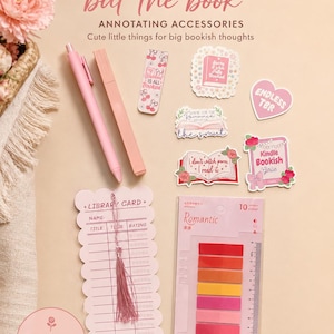 May include: A collection of bookish accessories, including pink pens, stickers, and sticky notes. The image features a library card-style bookmark with a tassel, and a pack of colorful sticky notes labeled "Romantic."