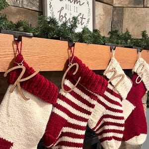Personalized Jumbo Knit Christmas Stocking: Red & White Striped, Wood Letter