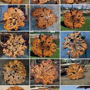 May include: A collection of 12 round wooden slices with intricate patterns and a natural brown color. The slices are arranged in a grid pattern and are likely used for crafting or decorative purposes.