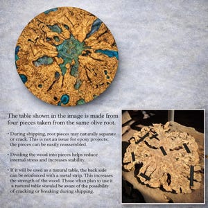 May include: A circular table top crafted from four pieces of olive root wood with blue epoxy resin filling the gaps. The wood features a textured, golden-brown grain pattern. A smaller inset shows the underside with black metal reinforcement strips.