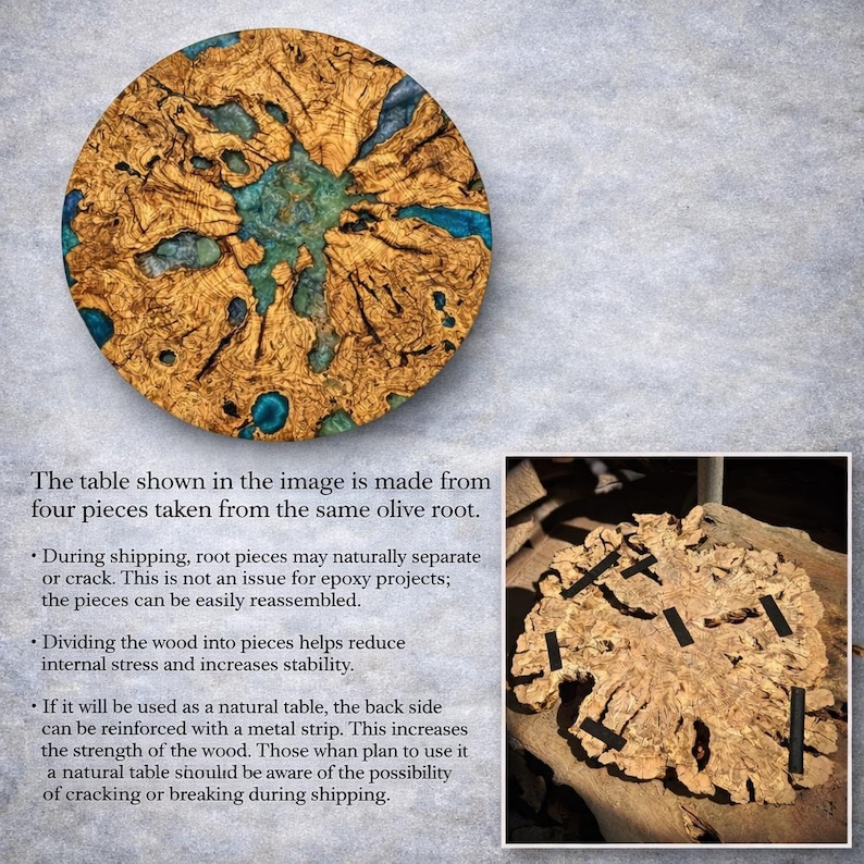 May include: A circular table top crafted from four pieces of olive root wood with blue epoxy resin filling the gaps. The wood features a textured, golden-brown grain pattern. A smaller inset shows the underside with black metal reinforcement strips.