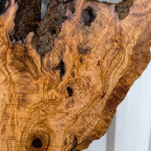 May include: A polished olive wood slab featuring a complex, swirling grain pattern in shades of golden yellow and light brown. The piece displays natural dark brown knots, organic voids, and a rough, textured bark edge along the upper section.